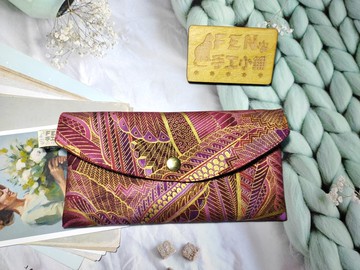 單層款布紅包袋-美國限量薄棉布暗紅燙金羽葉布紅包袋-手作存摺袋