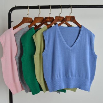 簡約款純色V領外套馬甲背心女春秋季薄款寬松顯瘦針織馬夾上衣