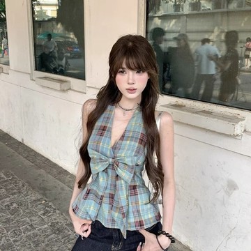 【砂糖夢境】性感辣妹蝴蝶結格紋掛脖背心2025夏季新款收腰顯瘦外穿上衣女Ins
