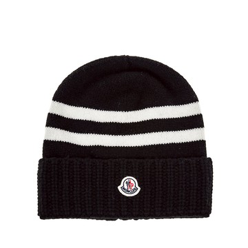 MONCLER 經典品牌標誌貼片條紋線條羅紋針織羊毛帽 (黑色)