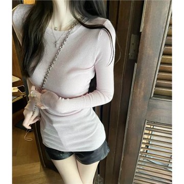 nemowu【細膩溫柔】純欲風性感微透圓領針織辣妹緊身打底上衣