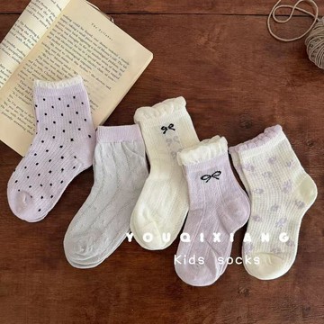 Mimo⭐女童襪子春夏薄款中筒襪兒童夏天網眼透氣女孩春秋紫色花邊公主襪
