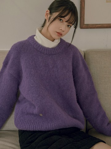 Hairy wool round sweater_Purple