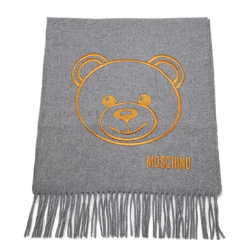 MOSCHINO 泰迪熊臉純羊毛寬版流蘇圍巾(014 灰色)