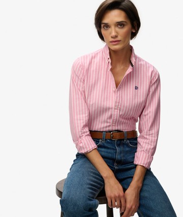 Superdry Women's Slim Oxford Button Down Long Sleeve Shirt Pink Size: 8