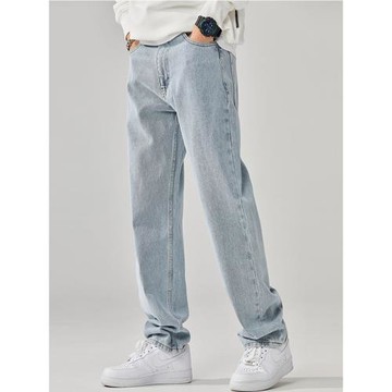 淺藍色水洗牛仔褲男夏季新款美式高街潮垂感直筒寬松闊腿休閑褲子