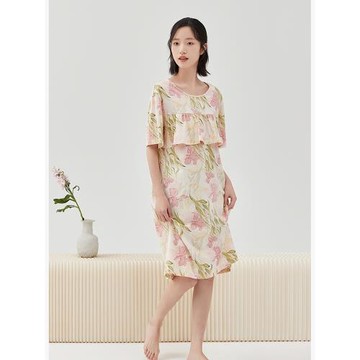 頂呱呱彩棉睡裙女夏季純棉印花防凸點走光短袖100%棉可外穿家居裙