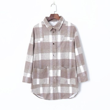 夏季女裝法式復古格紋氣質翻領單排扣寬松長袖雙口袋百搭襯衫