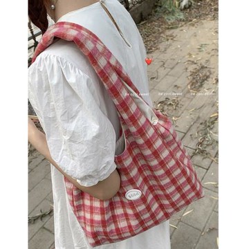 學生上課格子大容量包包女2024新款潮韓國呢子托特包休閑購物袋包