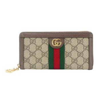 二手品 Gucci 古馳 Ophidia GG 帆布印花皮革飾邊拉鍊長夾(523154-咖)