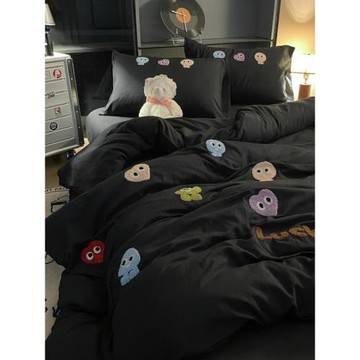 ins深色可愛怪獸毛巾繡水洗棉四件套被套學生宿舍床單三件套耐臟4