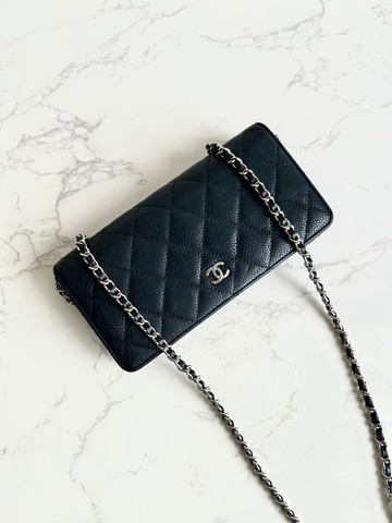 中古二手Chanel黑色魚子醬皮革WOC長夾錢包斜背側孭單肩鏈條手袋