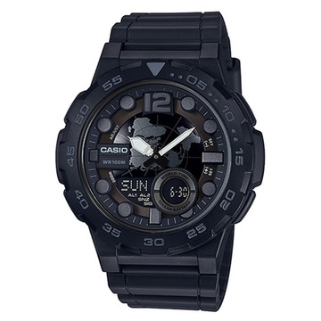 CASIO 世界地圖造型大錶面休閒雙顯錶-黑X銀(AEQ-100W-1B)/47.7mm / 考試錶