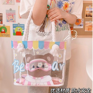 現貨《女生包包K7G】卡通防水透明果凍包 ♥ 創意麻繩提繩 PCV 透明 手提包 ♥ 收納包 少女心 挎包 沙灘包
