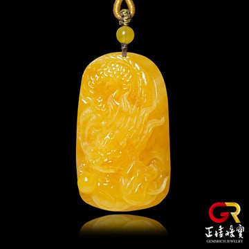 【正佳珠寶】蜜蠟琥珀 頂級滿蜜雞油黃 33.1g 單龍戲珠 蜜蠟琥珀吊墜｜可調式棉繩
