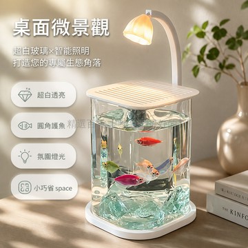 台灣出貨✨ 超白玻璃生態魚缸 斗魚專用桌面小缸 圓角方缸圓缸 客廳造景擺件 附底座蓋子燈飾