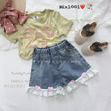 🌈✨mix1001粉色立體愛心車縫雪花色牛仔短褲✨兒童軟布懷舊牛仔短褲5-17