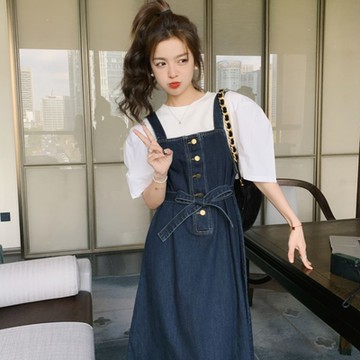 La Belleza減齡半開釦深藍色附綁帶連身裙吊帶牛仔背心裙