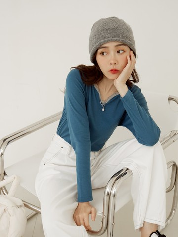 彈性棉質保暖磨毛針織撞色小V領上衣