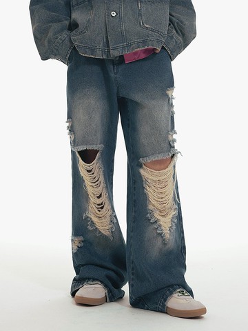 Unvesno (UN) 懷舊手工酵洗破洞A型牛仔褲  TR-3177