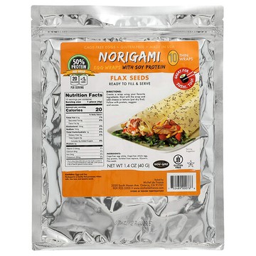 Norigami, 大豆蛋白質雞蛋捲餅皮，亞麻籽，10 張薄卷餅皮，1.4 盎司（40 克）