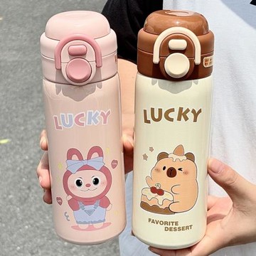 新款不銹鋼保溫杯可愛兒童帶吸管便攜水杯雙飲幼兒園上學卡通杯子