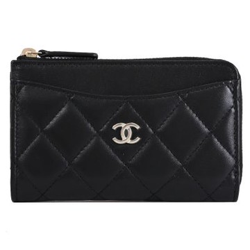 CHANEL 經典CC LOGO小羊皮拉鍊5卡零錢包(黑/淡金)