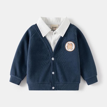 WELLKIDS - 假兩件翻領長袖開衫上衣-熊熊-海軍藍