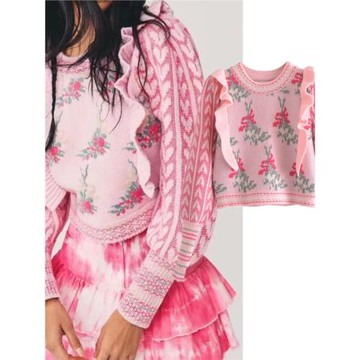 秋冬歐美ins博主款甜美軟糯提花木耳邊套頭毛衣圓領女裝粉色百搭