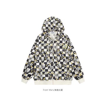 From Mars 暗處的純白 美式拼色格子碎花滿印連帽開衫衛衣寬松ins