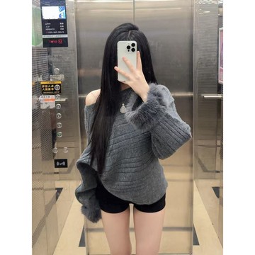 復古斜肩寬鬆毛衣女秋冬慵懶風露肩針織上衣