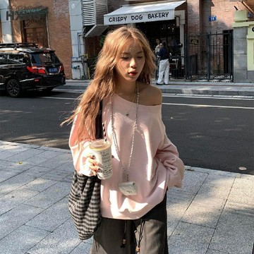 🌷台灣出貨🌷100%純棉慵懶風斜肩衛衣女春秋季寬鬆顯瘦感簡約上衣ins新款百搭寬鬆上衣 長袖T恤 大碼寬鬆衛衣 長袖
