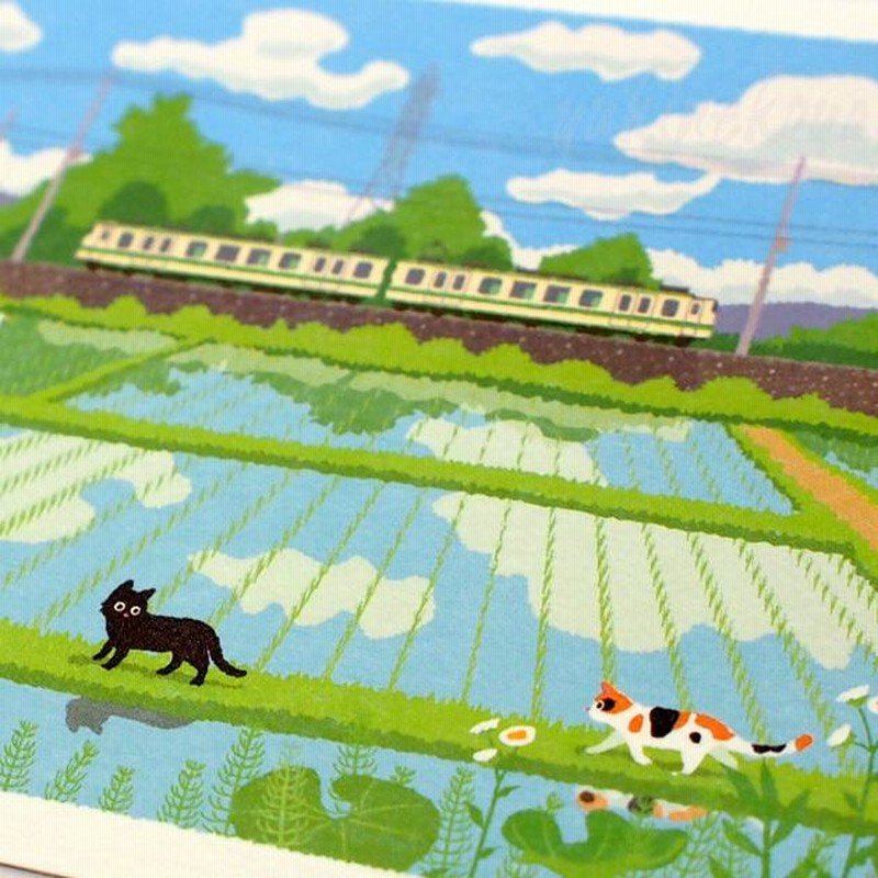 猫のポストカード たびねこ 電車と田んぼ 森俊憲 もりとしのり 黒猫 三毛猫 絵葉書 絵はがき 文房具 ステーショナリー 猫雑貨 雑貨 猫グッズ ネコ雑貨  ねこ柄 | LINEショッピング