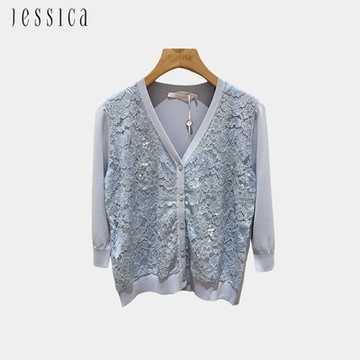 JESSICA - 氣質百搭縷空花亮片蕾絲七分袖針織衫外套（藍）244413
