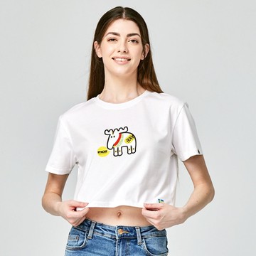 moz瑞典 招財駝鹿 舒適柔棉 100%純棉短版T-經典白(亞洲版)女款