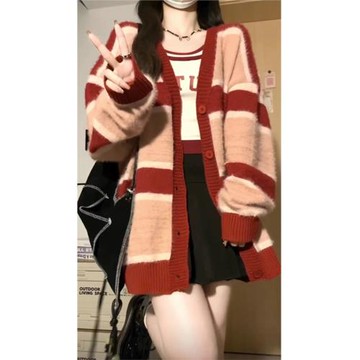條紋毛衣針織開衫外套女春秋季2025新款爆款高級感慵懶風寬松上衣