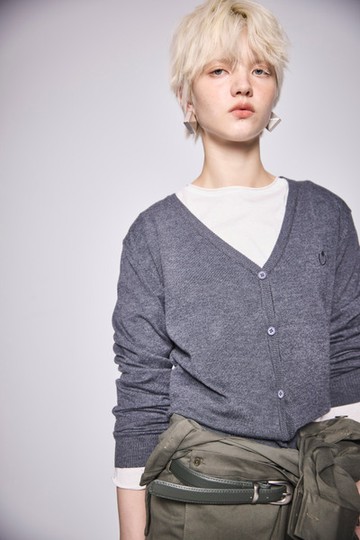 灰色柔感V領針織開襟外套