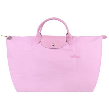 [平輸版]LONGCHAMP LE PLIAGE GREEN系列刺繡短把再生尼龍摺疊旅行袋(大/粉紅)真品平輸