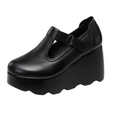 【Sp house】出街時尚T字套腳厚底坡跟鬆糕休閒鞋(2款2色可選)