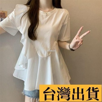 🌾限時低價🌴 夏季大碼新中式女士圓領t恤短袖荷葉邊拼接顯瘦上衣 韓版短袖女 大碼女裝 短袖上衣 女短袖上衣 大呎碼