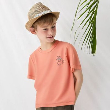 PIPPY簡約舒適小呆貓造型口袋圓領上衣 橘紅-120