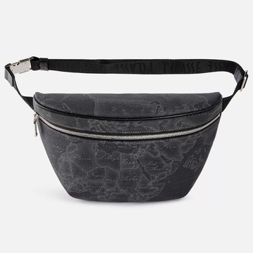 【Alviero Martini 義大利地圖包】經典拉鍊腰包32cm-地圖黑