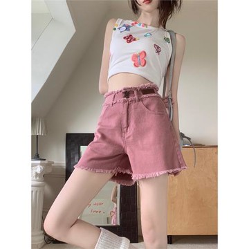 韓版粉色毛邊牛仔短褲女款寬松夏季薄款高腰a字款百搭顯瘦熱褲子
