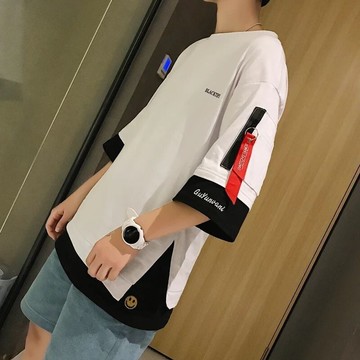 寬鬆刺繡T恤男|大碼45-80公斤男裝上衣|假兩件短袖T恤男夏季韓版潮牌百搭刺繡笑臉寬鬆體恤半截袖上衣