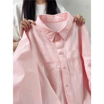 韓系chic別致豆綠色純棉襯衫翻領疊穿寬松遮肉顯瘦長袖襯衣薄外穿