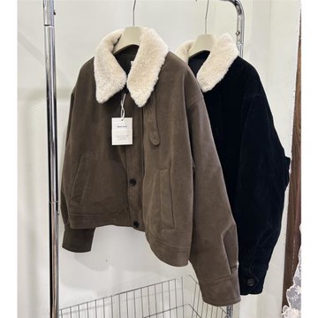 ABOUT MOON 麂皮絨毛領可拆卸保暖外套女 秋冬款夾棉短款棉衣夾克