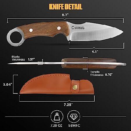 Carimee Utility Paring Knife Portable Small Full Tang Butcher Meat Knives With 4.1” D2 Steel Blade, Sandalwood Handle, Leather Sheath, Outdoor Campin