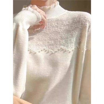 2025春季新款木耳花邊半高領釘珠鉤花針織衫女時髦超洋派外穿毛衣