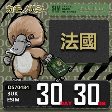 【鴨嘴獸 旅遊網卡】3UK eSIM  歐洲 法國 30天30GB 用完斷網  歐洲上網卡 免換卡
