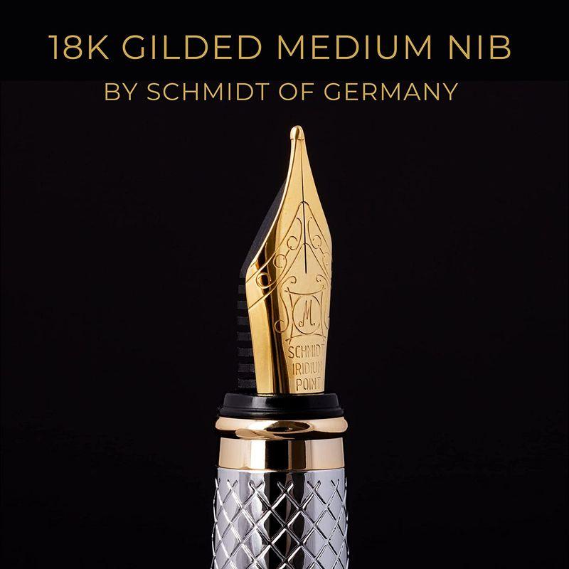 Scriveiner 最高級 プレミアム 万年筆 (シルバークローム) 魅力的な美しさ 24K金仕上げ Schmidt 18K 金メッキペン